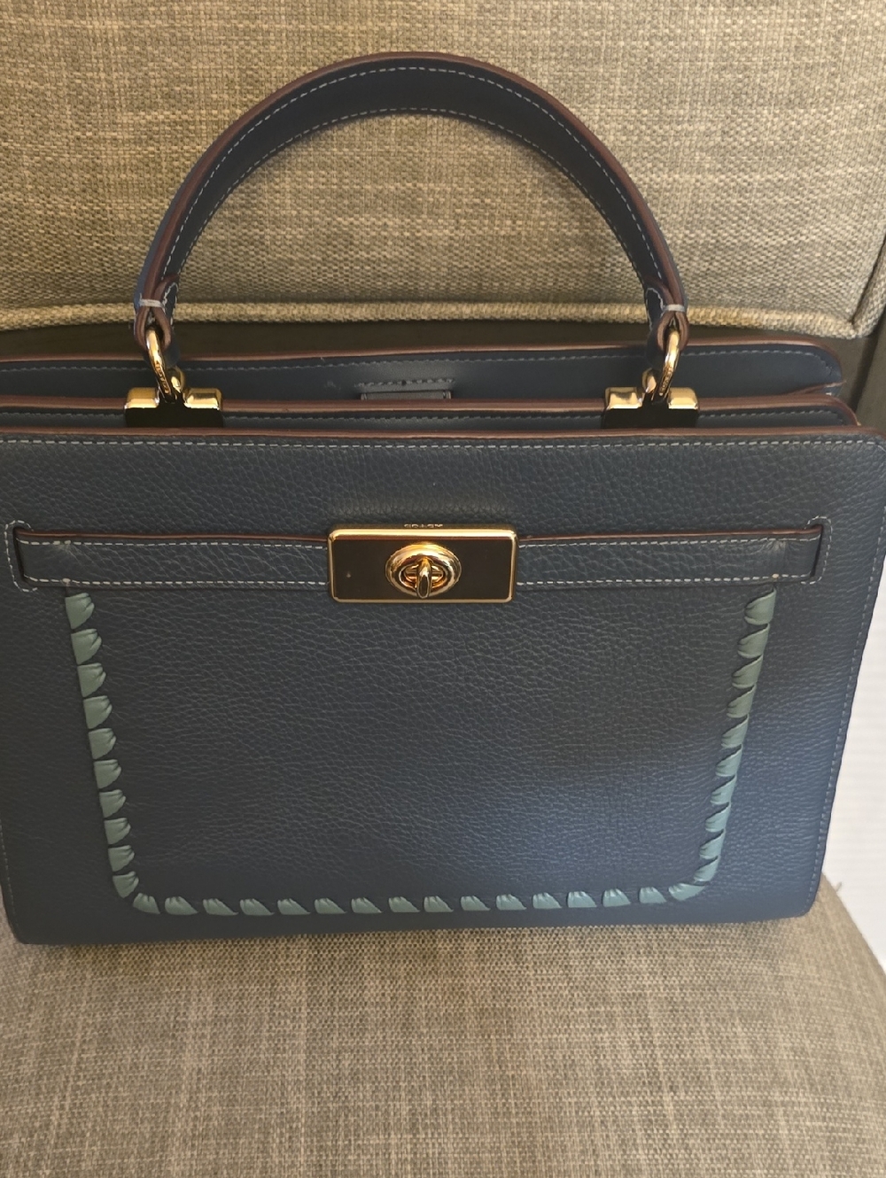 Coach  Lane Navy Blue Leather Top-Handle Satchel with Light Blue Accents